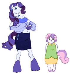 Size: 1471x1545 | Tagged: safe, artist:starshapedapple, rarity, sweetie belle, 2026, :3, age difference, belly, belly button, bipedal, clothes, colored hooves, curled mane, curly mane, curly tail, cute, digital art, dress, duo, duo female, ear piercing, earring, eyeshadow, female, filly, foal, full body, g4, gem, height difference, hooves, horn, imported from derpibooru, jewelry, looking at you, makeup, mare, necklace, piercing, pink hooves, purple hooves, semi-anthro, siblings, side view, simple background, sisters, size comparison, size difference, skirt, small horn, smiling, smiling at you, tail, unicorn, unshorn fetlocks, watermark, white background