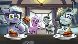 Size: 1920x1080 | Tagged: safe, artist:namodraws, fanfic:muffins, fanfic:muffins redux, argument, cloudy quartz, earth pony, eating, elderly, fanfic art, female, filly, filly limestone pie, filly marble pie, floppy ears, foal, food, g4, granny pie, imported from derpibooru, indoors, limestone pie, marble pie, mare, mother and child, mother and daughter, open mouth, pointing, pony, siblings, sisters, smiling, underhoof, younger