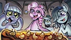 Size: 1920x1080 | Tagged: safe, artist:namodraws, fanfic:muffins, fanfic:muffins redux, cloudy quartz, earth pony, elderly, fanfic art, female, filly, filly limestone pie, filly marble pie, floppy ears, foal, food, g4, granny pie, imported from derpibooru, limestone pie, marble pie, mare, open mouth, open smile, pony, smiling, younger