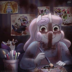 Size: 3549x3546 | Tagged: grimdark, grotesque, artist:xconito, apple bloom, diamond tiara, rarity, scootaloo, sweetie belle, abuse, anthro, apple bloom's bow, blood, bloodshot eyes, bow, carousel boutique, cat, cheerilee, commission, corpse, crossed, crossed: equestria, cutie mark crusaders, dead, drawing, earth pony, eye gore, female, filly, fire, floating wings, foal, g4, gun, hair bow, handgun, horn, imported from derpibooru, manic grin, missing eye, murder, mutilation, on fire, opalabuse, opalescence, paintbrush, pegasus, pencil, pistol, raribuse, scissors, self portrait, smiling, unicorn, wings