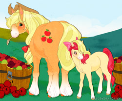 Size: 2048x1694 | Tagged: safe, artist:patchworkhorsey, apple bloom, applejack, adorabloom, apple, apple sisters, applebutt, blushing, bucket, butt, cute, duo, duo female, earth pony, female, filly, foal, food, g4, hoers, imported from derpibooru, mare, outdoors, plot, ponified animal photo, pony, siblings, sisters, straw in mouth