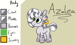 Size: 5334x3180 | Tagged: safe, artist:pinkiepieislove, oc, oc:azaleamoon, dreadlocks, ear piercing, earring, female, filly, foal, hooves, imported from derpibooru, jewelry, oc only, piercing, reference sheet, zebra, zebra oc