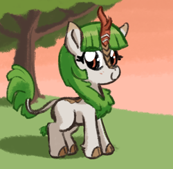Size: 821x800 | Tagged: safe, artist:kurozu, oc, oc:white radish, doodle, female, filly, foal, green mane, green tail, hime cut, horn, imported from derpibooru, kirin, kirin oc, long hair, looking at you, oc only, outdoors, smiling, sunset, tail, tree