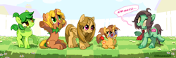 Size: 3000x1000 | Tagged: safe, artist:mouseu, blush sticker, blushing, body freckles, bucktooth, clothes, collar (clothes), dialogue, earth pony, female, fence, filly, flower, foal, freckles, frog (hoof), glasses, grass, horn, imported from derpibooru, lidded eyes, looking at someone, looking up, lying down, mare, necktie, open mouth, open smile, original species, outdoors, pegasus, plant, plant pony, plants vs zombies, ponified, pony, prone, rainbowshining, smiling, speech bubble, swirly eyes, undead, underhoof, unicorn, zombie, zombie pony