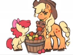 Size: 2048x1536 | Tagged: safe, artist:lilarrt, apple bloom, applejack, apple, apple sisters, ateez, bear, bow, bucket, choi jong-ho, cowboy hat, cross-popping veins, earth pony, emanata, female, filly, foal, food, full body, g4, green apple, hair bow, hat, holding, imported from derpibooru, jjongbear, mouth hold, pink bow, pony, red apple, siblings, simple background, sisters, unshorn fetlocks, v-shaped eyebrows, white background, yellow apple