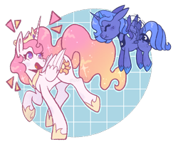 Size: 935x749 | Tagged: safe, artist:wholesomeponies, princess celestia, princess luna, 2026, :t, age difference, alicorn, cheering, concentrating, crown, digital art, duo, duo female, emanata, ethereal mane, ethereal tail, eye shimmer, eyelashes, eyes closed, feathered wings, female, filly, filly luna, flapping wings, floppy ears, flowing mane, flowing tail, flying, foal, folded wings, freckles, g4, gradient mane, gradient tail, height difference, hoof shoes, horn, imported from derpibooru, jewelry, long ears, long horn, looking at someone, mare, open mouth, partially open wings, partially transparent background, passepartout, pink-mane celestia, pony, raised hoof, raised leg, regalia, royal sisters, shiny eyes, short mane, sibling love, siblings, sisterly love, sisters, size difference, smiling, smiling at someone, sparkles, sparkly mane, stars, tail, tongue out, wall of tags, wavy mane, wavy tail, wide smile, wings, woona, young celestia, younger