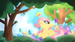 Size: 3840x2160 | Tagged: safe, artist:lbrcloud, fluttershy, butterfly, crepuscular rays, cute, female, filly, foal, g4, imported from derpibooru, looking up, my little pony: friendship is magic, nature, outdoors, pegasus, pony, scene interpretation, shyabetes, sky, so many wonders, solo, the cutie mark chronicles, tree, wallpaper, younger