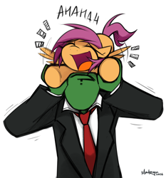 Size: 1782x1910 | Tagged: safe, artist:madragon, scootaloo, oc, oc:anon, clothes, duo, emanata, eyes closed, female, filly, foal, g4, human, imported from derpibooru, laughing, male, open mouth, open smile, pegasus, pony, pony hat, simple background, smiling, suit, white background