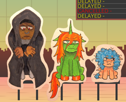Size: 800x646 | Tagged: safe, artist:dapperlilarts, queen chrysalis, fanfic:last call, centaur, cloak, clothes, cozy glow, crackle cosette, disguised changeling, fanfic art, female, filly, floppy ears, foal, frown, g4, horn, imported from derpibooru, legion of doom, lord tirek, mare, messy mane, pegasus, pony, sitting, taur, traditional art, trio focus, unicorn