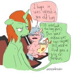Size: 1280x1280 | Tagged: safe, artist:emptygoldstudio, queen chrysalis, fanfic:last call, alternate hairstyle, comic panel, cozy glow, crackle cosette, dialogue, disguised changeling, duo, duo female, female, filly, foal, g4, horn, imported from derpibooru, mare, messy mane, pegasus, pony, simple background, unicorn, white background