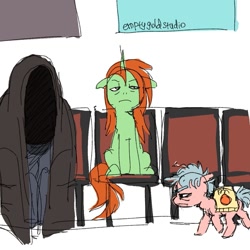 Size: 1235x1234 | Tagged: safe, artist:emptygoldstudio, queen chrysalis, fanfic:last call, centaur, chip bag, cloak, clothes, comic panel, cozy glow, crackle cosette, disguise, disguised changeling, female, filly, foal, g4, imported from derpibooru, legion of doom, lord tirek, male, mare, messy mane, pegasus, pony, simple background, sitting, taur, trio, white background