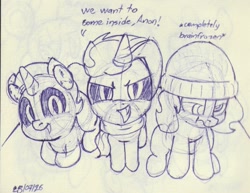 Size: 1307x1009 | Tagged: safe, artist:unitxxvii, oc, oc:dyx, oc:filly anon, oc:nyx, alicorn, earth pony, female, filly, foal, hat, imported from derpibooru, looking at you, open mouth, open smile, pen drawing, pony, smiling, smiling at you, talking to viewer, traditional art, trio, trio female, wingless, wingless alicorn