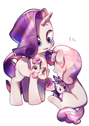 Size: 2480x3508 | Tagged: safe, artist:izuchi, rarity, sweetie belle, female, filly, foal, g4, horn, imported from derpibooru, mare, plushie, pony, simple background, sitting, smiling, solo, unicorn, white background