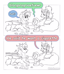Size: 3600x4156 | Tagged: safe, artist:opalacorn, oc, oc:thunder run, 2 panel comic, bat pony, bat pony oc, chest fluff, choker, colt, comic, dialogue, ear piercing, earring, earth pony, female, foal, freckles, imported from derpibooru, jewelry, lineart, lying down, male, mare, mole, monochrome, nose piercing, nose ring, nose wrinkle, oc only, on back, partial color, pegasus, piercing, pony, prone, simple background, sitting, stallion, trio, white background