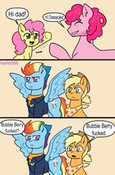 Size: 1869x2831 | Tagged: suggestive, artist:hayley566, applejack, pinkie pie, rainbow dash, alternate hairstyle, applejack (male), applejack's hat, bandana, bubble berry, butt freckles, clothes, comic, commission, cowboy hat, earth pony, eyes closed, father and child, father and daughter, female, filly, flying, foal, freckles, g4, gritted teeth, hat, implied sex, imported from derpibooru, jacket, li'l cheese, li'l cheese (rule 63), male, my little pony: friendship is magic, open mouth, pegasus, pony, ponytail, rainbow blitz, rule 63, shocked, simple background, stallion, stubble, sweater, teeth, vulgar, waving, yellow background