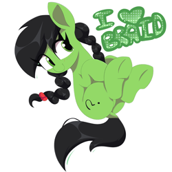 Size: 1536x1536 | Tagged: safe, artist:spoonie, oc, oc:filly anon, alternate hairstyle, braid, butt, dock, earth pony, eye clipping through hair, female, filly, foal, full body, imported from derpibooru, lying down, oc only, on back, plot, pony, simple background, smiling, solo, tail, text, twin braids, white background