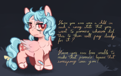 Size: 1288x803 | Tagged: safe, artist:furufoo, alternate hairstyle, angst, bags under eyes, band-aid, bandage, bow, chest fluff, cloven hooves, cozy glow, curly mane, cursive writing, facial markings, female, filly, foal, freckles, g4, imported from derpibooru, injured, pegasus, pony, raised hoof, ribbon, sad, scar, solo, star mark, stars, text, wavy mane