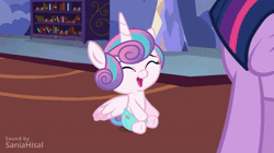 Size: 1920x1080 | Tagged: safe, artist:pupushka, artist:saniahisal, princess flurry heart, twilight sparkle, alicorn, animated, baby, comedy, diaper, diaper inflation, edit, eyes closed, female, filly, foal, full diaper, g4, humor, imported from derpibooru, indoors, messing diaper, messy diaper, onomatopoeia, open mouth, open smile, pony, poop, pooping, poopy diaper, princess, smiling, sound, sound edit, sound effects, spread wings, surprised, webm, wings