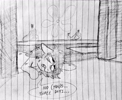 Size: 3420x2800 | Tagged: safe, artist:dhm, oc, oc:filly anon, (you), 4chan, crawling, dying, female, filly, foal, imported from derpibooru, joke, lined paper, meme, monochrome, oc only, pencil drawing, pony, reference to another series, scuff mark, sketch, solo, speech bubble, spongebob squarepants, traditional art