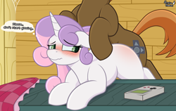 Size: 2980x1880 | Tagged: questionable, artist:sunrise_hooves, button mash, sweetie belle, adult, adult blank flank, ambiguous penetration, blank flank, blush lines, blushing, clubhouse, colt, crusaders clubhouse, doggy style, duo, earth pony, female, from behind, g4, game boy, horn, imported from derpibooru, indoors, male, older, older button mash, older sweetie belle, penetration, pony, raised tail, sex, ship:sweetiemash, shipping, softcore, speech bubble, straight, tail, text, thought bubble, unicorn, video game console