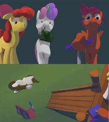 Size: 3636x4081 | Tagged: safe, artist:franminio, apple bloom, scootaloo, sweetie belle, camera, colt, cutie mark crusaders, earth pony, female, filly, floppy ears, foal, g4, horn, imported from derpibooru, levitation, looking down, magic, male, outdoors, pegasus, pipsqueak, pony, scooter, slide, telekinesis, unicorn