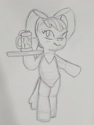 Size: 2494x3325 | Tagged: safe, artist:zeta7, apple bloom, bipedal, blushing, bow, cider, clothes, earth pony, female, filly, foal, full body, g4, hair bow, holding, imported from derpibooru, leotard, looking at you, mug, one eye closed, pony, sketch, smiling, traditional art, tray, wink