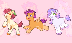 Size: 2000x1200 | Tagged: safe, artist:meggn, apple bloom, scootaloo, sweetie belle, 2026, accessory, apple bloom redesign, beanbrows, blaze (coat marking), braid, bucktooth, coat markings, colored hooves, curly mane, curly tail, cutie mark crusaders, digital art, earth pony, eyebrows, eyelashes, facial markings, feathered wings, female, filly, foal, freckles, furrowed brow, g4, hair accessory, hairclip, hooves, horn, imported from derpibooru, jumping, leonine tail, line-up, messy mane, messy tail, partially open wings, pegasus, pegasus wings, pink background, pink hooves, pony, raised hoof, rearing, redesign, reflection, running, scootaloo redesign, short hair, short tail, simple background, small wings, smiling, sweetie belle redesign, tail, teeth, thick eyebrows, tomboy, tooth gap, trio, trio female, two toned mane, unicorn, unshorn fetlocks, wall of tags, wide smile, wings, zoom layer