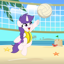 Size: 1000x1000 | Tagged: safe, artist:jhayarr23, oc, oc:snowie aura, ball, beach, clothes, cute, female, filly, foal, imported from derpibooru, oc only, ocbetes, one-piece swimsuit, open mouth, open smile, outdoors, smiling, solo, swimsuit