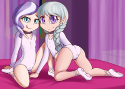 Size: 2800x2000 | Tagged: questionable, artist:fearingfun, diamond tiara, silver spoon, ballerina, ballerina shoes, banned from derpibooru, bed, braid, cameltoe, choker, clothes, collar, female, females only, human, human coloration, humanized, imported from twibooru, kneeling, leotard, licking, licking lips, lolicon, looking at you, tongue out, underage