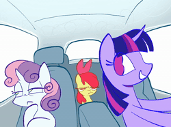 Size: 1440x1080 | Tagged: safe, artist:yestermaisyy, apple bloom, scootaloo, sweetie belle, twilight sparkle, animated, apple bloom's bow, bow, car, curved horn, cutie mark crusaders, driving, earth pony, eye clipping through hair, female, filly, foal, g4, hair bow, horn, imported from derpibooru, mare, pegasus, pony, road trip, sound, unicorn, unicorn twilight, vehicle, webm