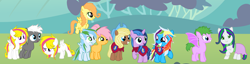 Size: 7016x1788 | Tagged: safe, artist:asdflove, oc, oc:applecore, oc:appleseed, oc:candy apple, oc:chem, oc:emerald, oc:faisia, oc:parchment, oc:quill, oc:solar dash, oc:white lightning, oc:windy chaser, base used, cape, clothes, cmc cape, colt, dracony, earth pony, female, filly, foal, horn, hybrid, imported from derpibooru, interspecies offspring, magical lesbian spawn, male, next generation, oc only, offspring, outdoors, parent:applejack, parent:big macintosh, parent:caramel, parent:fluttershy, parent:orion, parent:pinkie pie, parent:rarity, parent:spike, parent:surprise, parent:twilight sparkle, parents:carajack, parents:fluttermac, parents:orionlight, parents:pinkieprise, parents:sparity, pegasus, pony, unicorn