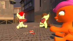 Size: 1360x768 | Tagged: safe, artist:will-cube, apple bloom, scootaloo, sweetie belle, 3d, creepy belle, creepybelle, cutie mark crusaders, earth pony, elements of insanity, female, filly, foal, francie bloom, g4, gmod, grin, horn, imported from derpibooru, karateloo, outdoors, pegasus, pony, sitting, smiling, trio, trio female, unicorn, uno