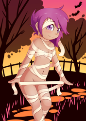 Size: 2480x3508 | Tagged: questionable, artist:fearingfun, scootaloo, bandage, banned from derpibooru, female, halloween, holiday, human, human coloration, humanized, imported from twibooru, lolicon, mummy, nightmare night, solo, solo female, strategically covered, underage