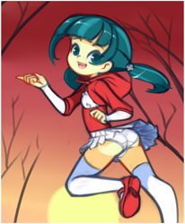 Size: 1135x1380 | Tagged: questionable, artist:drantyno, banned from derpibooru, breasts, child, clothes, costume, delicious flat chest, equestria girls, female, halloween, halloween costume, holiday, hood, imported from twibooru, juniper montage, lolicon, open mouth, panties, red riding hood, skirt, underage, underwear, upskirt, young, younger