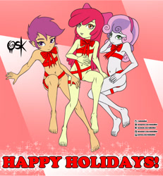 Size: 2000x2160 | Tagged: suggestive, artist:oldskullkid, apple bloom, scootaloo, sweetie belle, banned from derpibooru, child, christmas, equestria girls, holiday, human, imported from twibooru, lolicon, ribbon bikini, underage, young