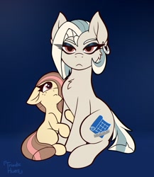 Size: 1392x1603 | Tagged: safe, artist:triadichues, oc, oc:berry biscuits, oc:mortar, cheek fluff, chest fluff, commission, ear piercing, earring, earth pony, family, family photo, female, filly, floppy ears, foal, freckles, holding hooves, imported from derpibooru, jewelry, lidded eyes, looking at you, mare, mother, mother and child, mother and daughter, oc only, piercing, pony, sitting
