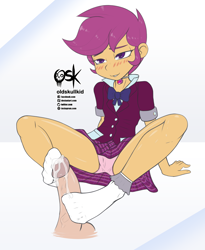 Size: 1800x2200 | Tagged: explicit, artist:oldskullkid, scootaloo, banned from derpibooru, child, clothes, collar, equestria girls, feet, fetish, foot fetish, footjob, human, imported from twibooru, lolicon, nudity, panties, penis, underage, underwear, uniform, young