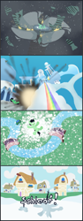 Size: 2400x6400 | Tagged: safe, oc, oc:colt anon, anonymous artist, bridge, cloud, cloudsdale, colt, column, comic, destruction, earth pony, explosion, falling, foal, fog, g4, grass, high res, hole, house, houses, imported from derpibooru, joy boy, lineless, male, no pupils, oc only, onomatopoeia, outdoors, pony, ponyville, rainbow waterfall, river, rotor, scenery, sky, smoke, snow, snowfall, solo, sound effects, sparks, vent, water, weather factory