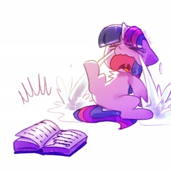 Size: 2048x2048 | Tagged: safe, artist:izuchi, twilight sparkle, book, book abuse, crying, female, filly, filly twilight sparkle, foal, g4, horn, imported from derpibooru, pony, solo, unicorn, younger