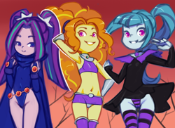Size: 1584x1152 | Tagged: suggestive, artist:drantyno, adagio dazzle, aria blaze, sonata dusk, banned from derpibooru, cameltoe, child, clothes, costume, equestria girls, human, imported from twibooru, leotard, lolicon, panties, teen titans, the dazzlings, thong, thong leotard, underage, underwear, young, younger