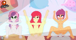 Size: 1767x927 | Tagged: explicit, artist:theminus, apple bloom, scootaloo, sweetie belle, ahegao, anal, balls deep, banned from derpibooru, bed, cutie mark crusaders, equestria girls, female, group sex, imported from twibooru, lolicon, male, open mouth, orgy, penetration, sex, show accurate, show accurate porn, straight, tongue out, underage, vaginal