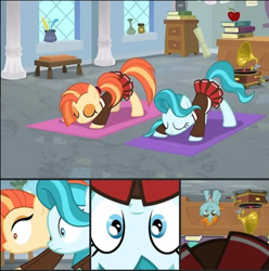Size: 849x855 | Tagged: safe, artist:liker5492, 2 4 6 greaaat, ass up, butt, cheerleader, cheerleader outfit, clothes, coach, colt, curiosity, dancers, earth pony, edit, edited screencap, female, foal, g4, horn, imported from derpibooru, indoors, joke, ladies, lighthoof, looking, looking at you, male, mare, meme, my little pony: friendship is magic, notice, parody, peeping, pleated skirt, plot, pony, screencap, season 9, shimmy shake, skirt, snips, spying, stare, unicorn, upside down, whistle, whistle necklace, whistle thief, yoga, yoga mat