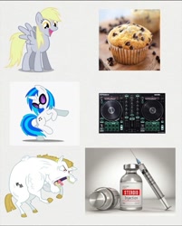 Size: 1080x1342 | Tagged: safe, artist:liker5492, biceps, bodybuilder, bulk biceps, colt, comparison, derpy hooves, dj pon-3, doping, edit, exploitable, favorite, female, fitness, foal, food, g4, gym, horn, imported from derpibooru, male, mare, meme, muffin, muscles, music, needle, pegasus, pony, set, source needed, stallion, steroids, strong, syringe, turntable, unicorn, vial, vinyl scratch
