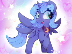 Size: 2000x1500 | Tagged: safe, artist:zokkili, princess luna, 2026, alicorn, beanbrows, big eyes, blue mane, chibi, cute, digital art, eye clipping through hair, eyebrows, eyebrows visible through hair, eyelashes, female, filly, filly luna, foal, freckles, g4, heart, horn, imported from derpibooru, looking away, looking sideways, lunabetes, mare, open mouth, open smile, partially open wings, peytral, pony, raised hoof, signature, smiling, solo, sparkles, sparkly eyes, sparkly mane, sparkly tail, spread wings, stars, tail, watermark, wide smile, wingding eyes, wings, woona, young luna, younger, zokkili is trying to murder us