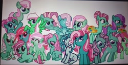Size: 4000x2029 | Tagged: safe, artist:oumirot, series:oumirot series too many ponies, earth pony, female, filly, filly minty, foal, g3, g3 to g4, g4, generation leap, green mane, green mane minty, imported from derpibooru, minty, mouth hold, multiple characters, pegasus, pegasus minty, photo, picture of a screen, pony, source needed