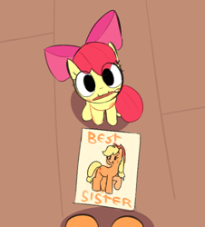 Size: 606x670 | Tagged: safe, artist:caraloh, apple bloom, applejack, adorabloom, apple sisters, caraloh is trying to murder us, cute, drawing, duo, duo female, earth pony, female, filly, foal, g4, imported from derpibooru, indoors, looking at you, looking up, looking up at you, mare, mouth hold, no iris, offscreen character, paintbrush, pony, pov, siblings, sisters, smiling, smiling at you, wholesome