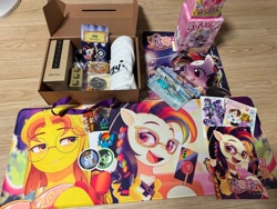 Size: 2048x1536 | Tagged: safe, artist:izuchi, artist:maren, pinkie pie, starlight glimmer, twilight sparkle, oc, oc:filly anon, oc:han mari, oc:lee byeo-ri, oc:littlepip, alicorn, braid, cellphone, earth pony, fallout equestria, female, filly, foal, freckles, g4, glasses, hat, horn, imported from derpibooru, malangpony, mare, mousepad, oc only, open mouth, open smile, phone, photo, pony, selfie stick, smartphone, smiling, unicorn