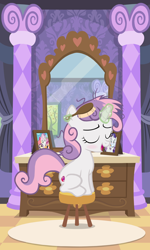 Size: 1608x2687 | Tagged: safe, artist:lunaticdawn, apple bloom, rarity, scootaloo, sweetie belle, blushing, carousel boutique, carpet, chair, comb, curtains, cute, cutie mark crusaders, drawer, dresser, eyes closed, female, filly, floor, foal, framed picture, furniture, g4, horn, imported from derpibooru, indoors, magic, magic aura, messy mane, mirror, open mouth, photo, picture, pillar, pony, siblings, sisters, sitting, solo focus, unicorn