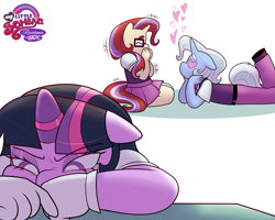 Size: 2489x1991 | Tagged: safe, artist:xconito, twilight sparkle, alternate universe, annoyed, anthro, clothes, colt, colt trixie, covering mouth, eyebrows, eyebrows visible through hair, female, filly, floppy ears, foal, g4, glasses, gloves, half r63 shipping, heart, heart eyes, horn, horn ring, imported from derpibooru, looking at each other, looking at someone, lying down, magic suppression, male, moondancer, my little sombra: resistance is magic, necktie, pre-transition, prone, ring, rule 63, school uniform, ship:trickdancer, shipping, sitting, skirt, sullen, trans trixie, transgender, trio, tristdancer, trixie, unguligrade anthro, unicorn, unicorn twilight, uniform, wingding eyes