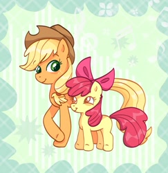 Size: 1565x1612 | Tagged: safe, artist:maplespecs, apple bloom, applejack, abstract background, apple sisters, bow, cowboy hat, earth pony, female, filly, foal, full body, g4, green background, hair bow, hat, imported from derpibooru, looking at each other, looking at someone, mare, music notes, pink bow, pony, siblings, simple background, sisters, smiling, smiling at each other